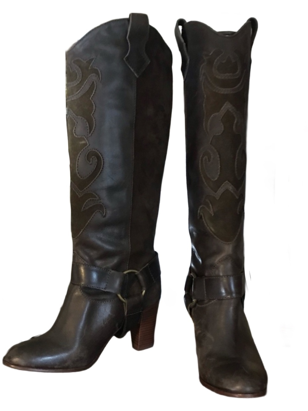 L.L. BEAN DARK BROWN SUEDE & LEATHER WESTERN STYLE HEELED CALF HIGH BOOTS (6.5)
